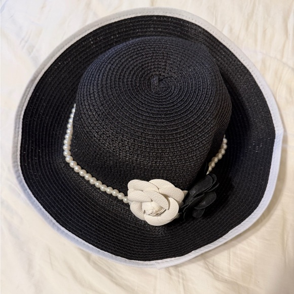 Chic Black Straw Hat with Pearl & Floral Detail | Timeless Elegant Statement - Picture 2 of 4